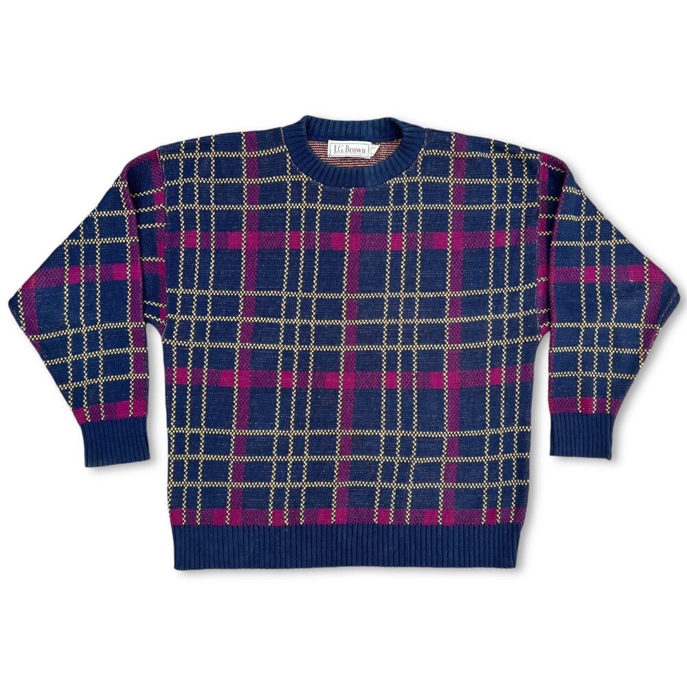 Vintage 90s Grandpa Sweater Grid Pattern‎ Cotton J.G. Brown | Size XL